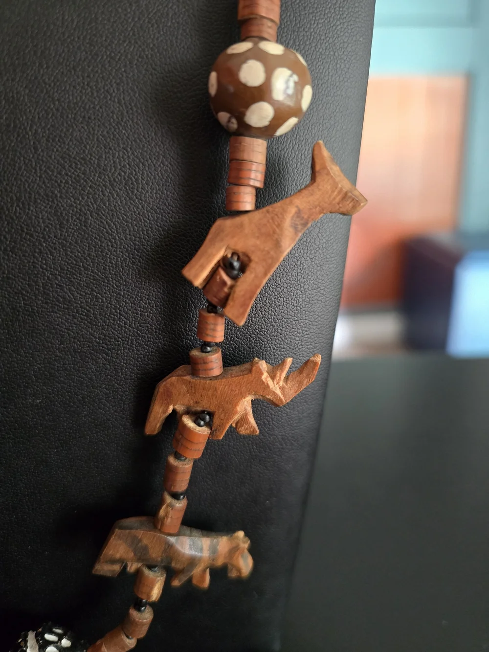 Carved Wood Animal Pendant Bead Necklace in Brown - Picture 3 of 6